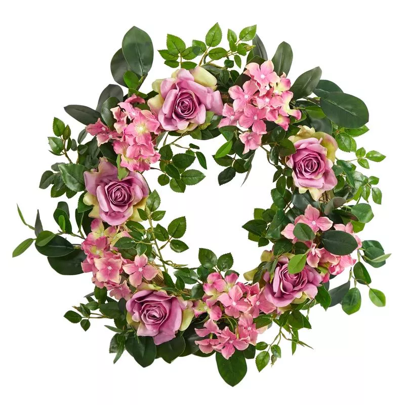 22-pink-hydrangea-rose-artificial-wreath 22 Pink Hydrangea and Rose Artificial Wreath