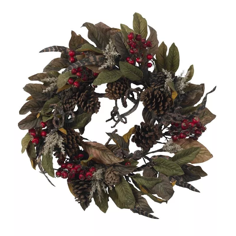 24″ Pinecone, Berry & Feather Wreath