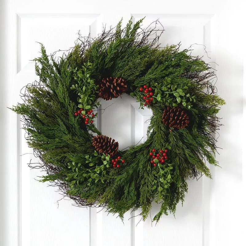 26” Cypress with Berries and Pine Cones Artificial Wreath