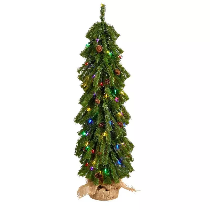 3-artificial-christmas-tree-with-pinecones-50-multicolored-lights-set-in-burlap- 3 Artificial Christmas Tree with Pinecones and 50 Multicolored Lights Set in a Burlap Base
