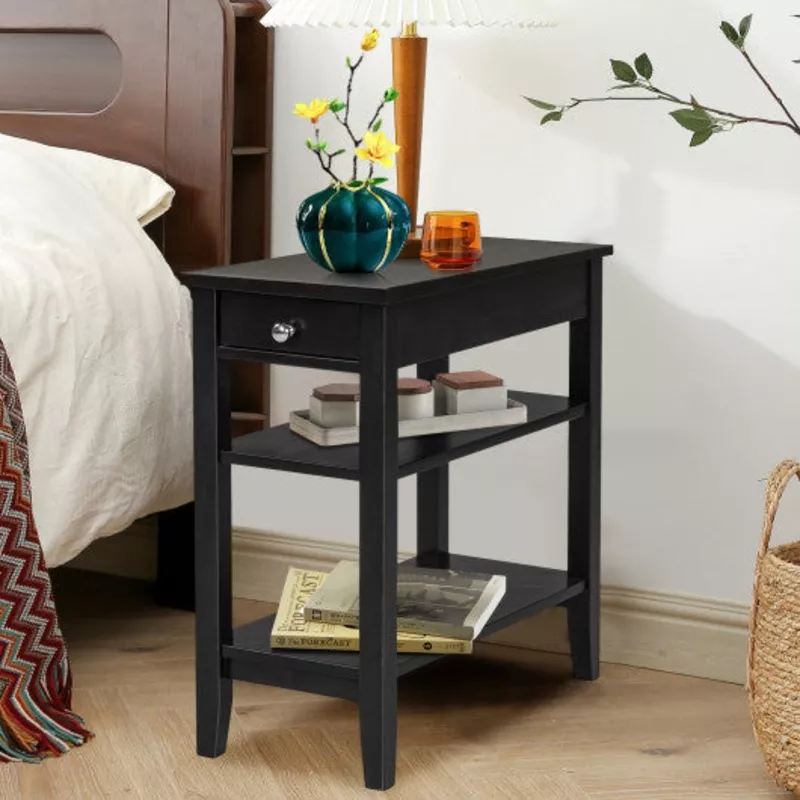 3-tier-side-end-table-with-drawer-double-shelf-black 3-Tier Side End Table with Drawer Double Shelf-Black