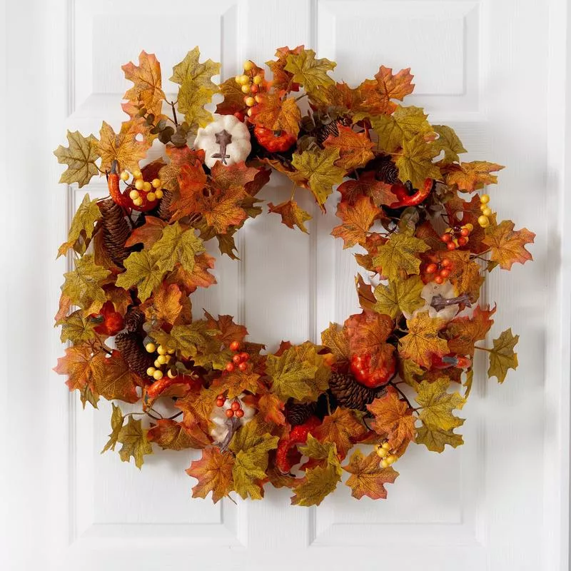 30-autumn-pumpkin-maple-leaf-artificial-fall-wreath 30 Autumn Pumpkin and Maple Leaf Artificial Fall Wreath