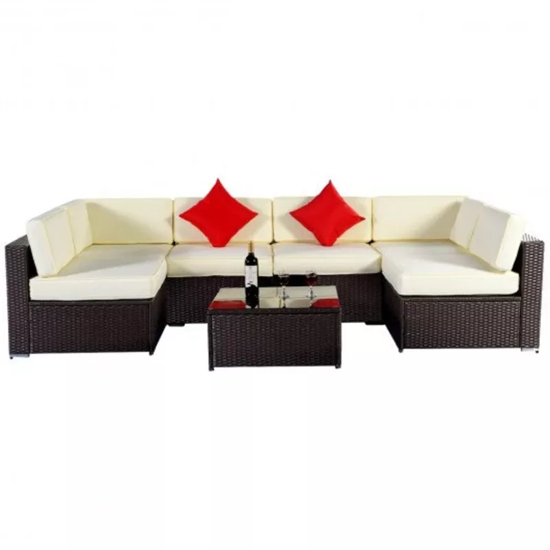 7 pcs Rattan Cushioned Sofa and Table Set