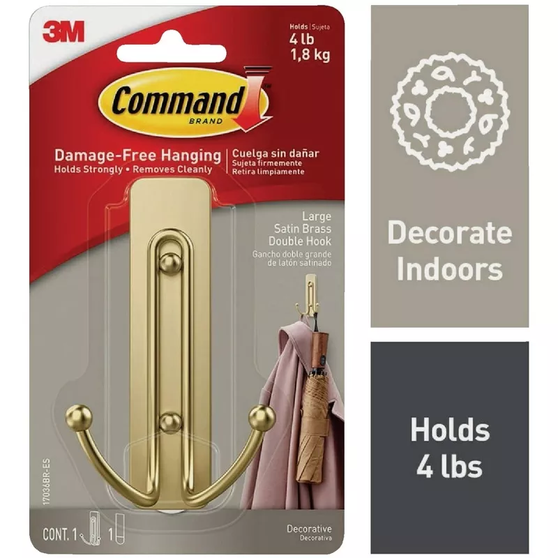 command-large-decorative-double-hook-satin-brass-1-hook-1-strip Command Large Decorative Double Hook, Satin Brass, 1 Hook, 1 Strip