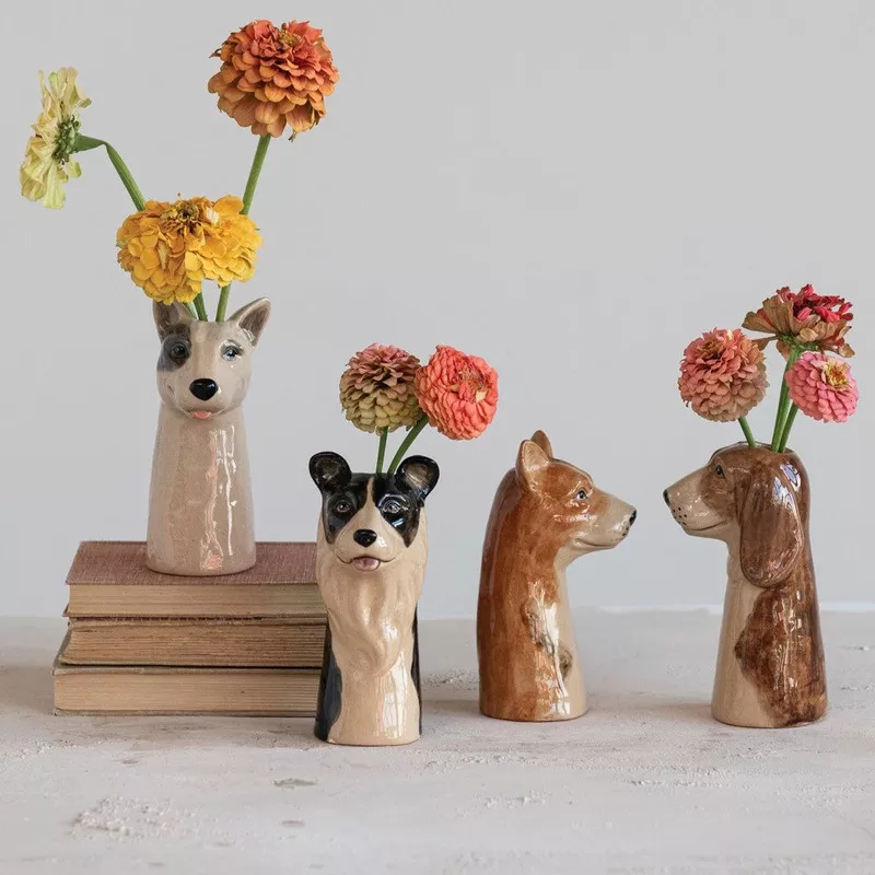 Hand-Painted Stoneware Dog Vase