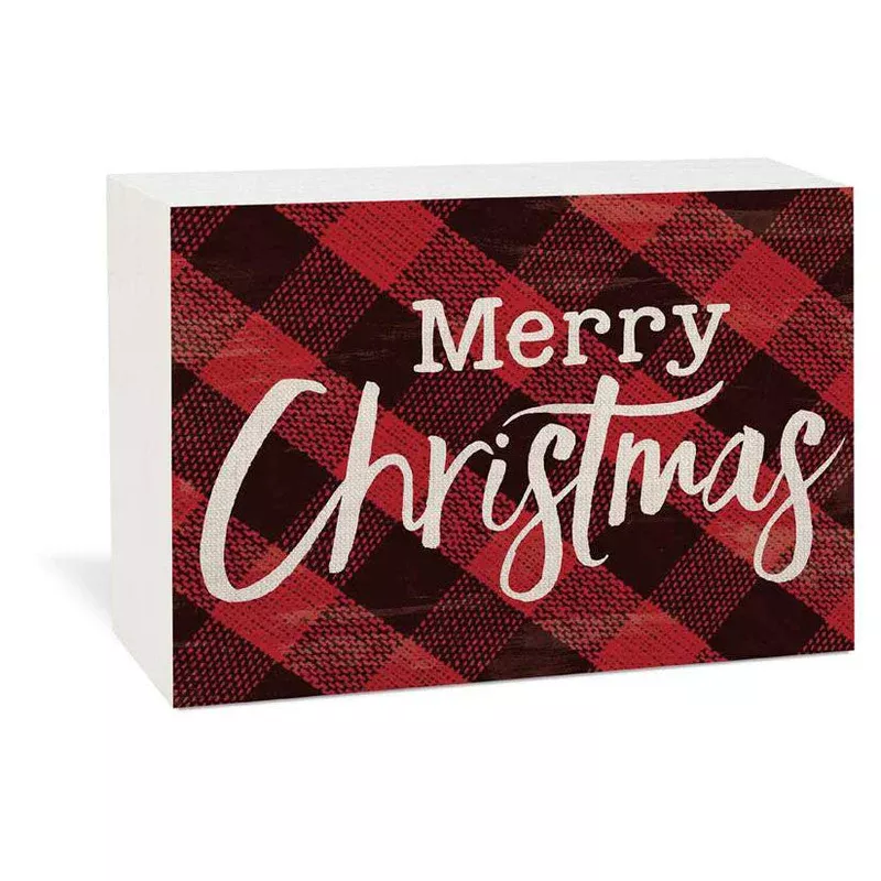 Wood Word Block Decor Merry Christmas Plaid